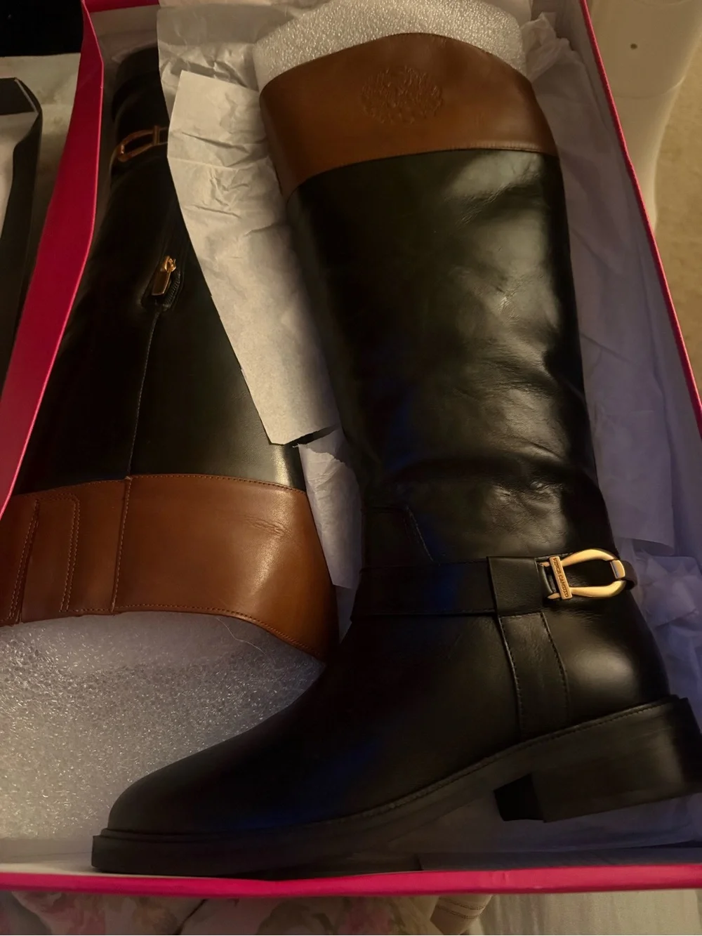 Vince Camuto Black Leather Knee High Boots with Brown Cuff gold hardware